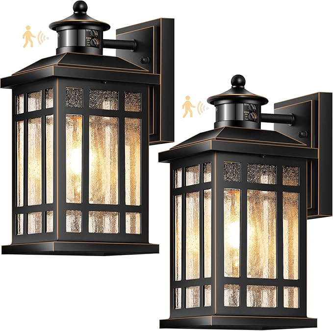 Motion Sensor Outdoor Lights, Black Dusk to Dawn Outdoor Lighting with Tempered Glass, Aluminum Waterproof Anti-Rust Outside Wall Light Fixtures, Adjustable Sensitivity & Brightness, Hardwired