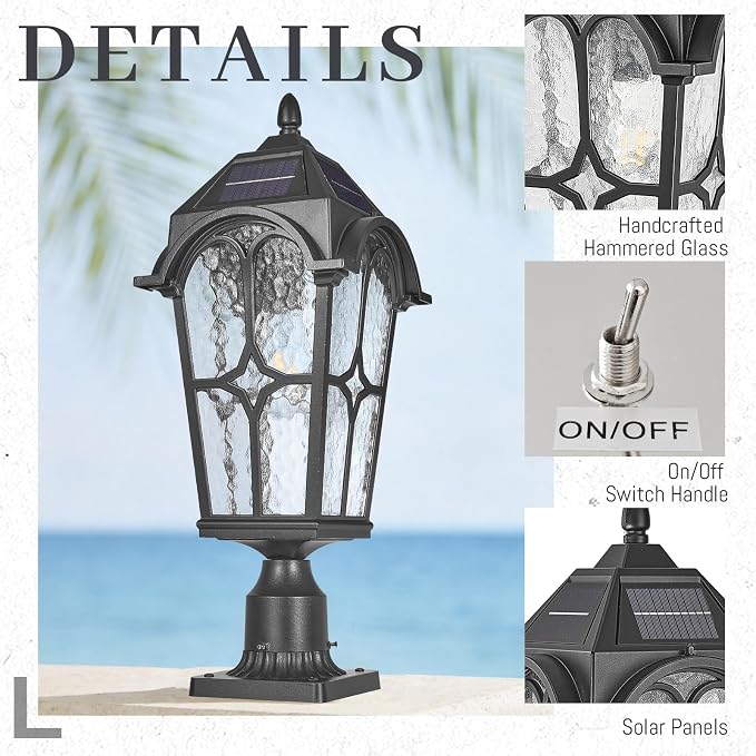22 Inch Large Solar Post Light Outdoor, Dusk to Dawn Pier Mount Lamp, Sand Black Aluminum with Seeded Water Ripple Glass, Waterproof Solar Pole Light Fixture for Yard Garden Pillar Patio