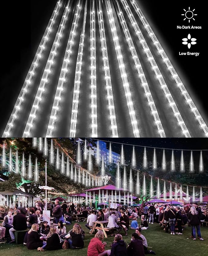 UL Certified Meteor Shower Lights Outdoor, 20 Tubes 1080 LED Falling Rain Drop Icicle Lights, 20 Inch Cascading Snowfall String Lights for Christmas Tree, Holiday Wedding Party Garden Decor, White