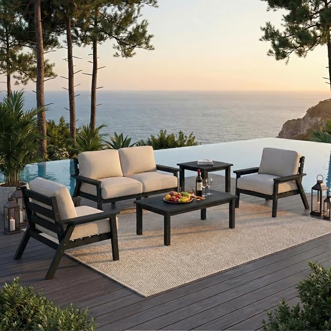 HDPE 6 Piece Patio Furniture Set, Outdoor Couch with Washable Thick Beige Cushions & Coffee Table & Side Table, Outdoor Sectional Furniture for Backyard, Deck, Lawn, Porch (Black Frame)