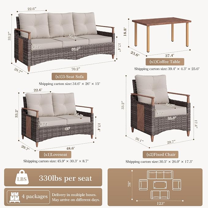 Nestnook 5 Pieces Patio Furniture Set, Outdoor Conversation Set with All-Weather Handwoven PE Wicker Sofa, Rattan Chairs and Thick Cushion, Loveseat & Coffee Table for Backyard, Deck & Poolside, Beige