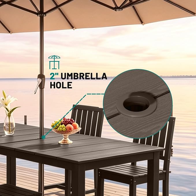 PLUUV 5-Piece Outdoor Dining Set – HDPE Patio Furniture with Aluminum Table, Umbrella Hole, and 4 Armless Chairs, All-Weather Resistant for Garden & Backyard, Coffee