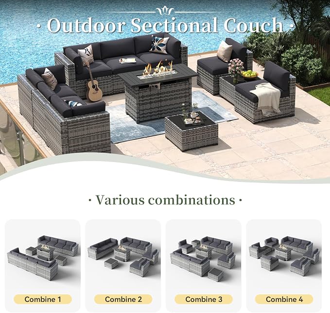 Aoxun 11 Piece Patio Furniture Set with 44” Fire Pit Table Wicker Rattan Outdoor Sectional Sofa Set with Coffee Table and Thickened Cushions, Grey/Black