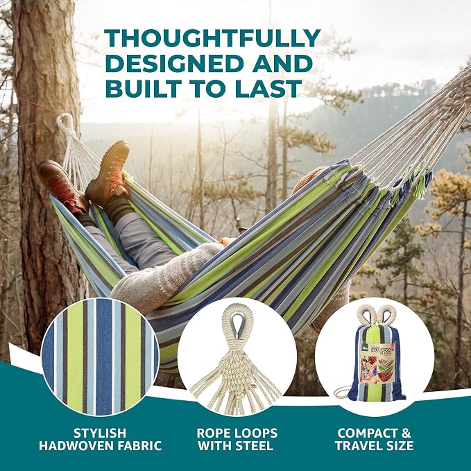 Bliss Hammocks Double Hammock with Rope Loops & Tree Straps, 265 lb, Blue Honu