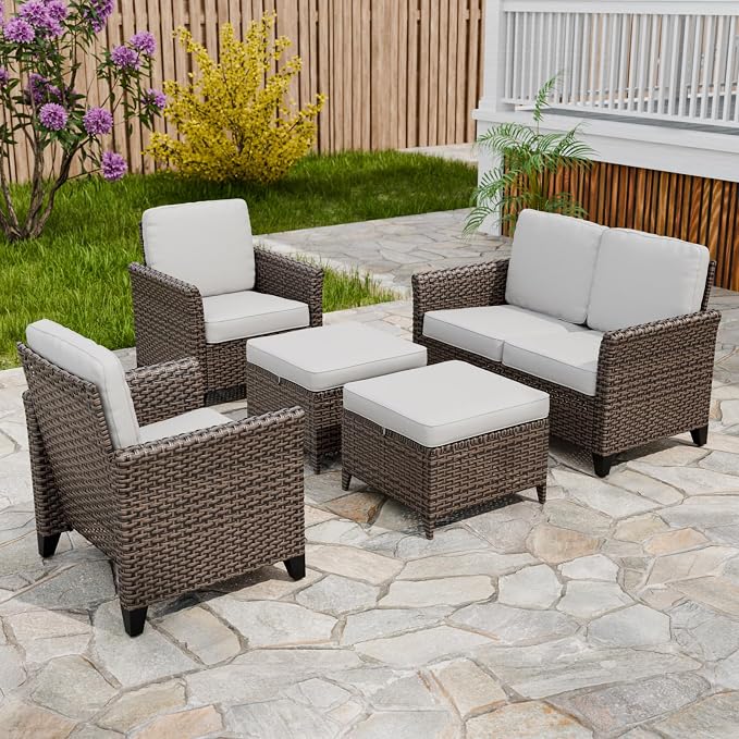 COOS BAY Harbor Retreat 5 Piece Outdoor Furniture Set, Patio Conversation Set with Patio Chairs, 2 Seat Loveseat and Ottomans, Wicker Furniture, Brown/Beige
