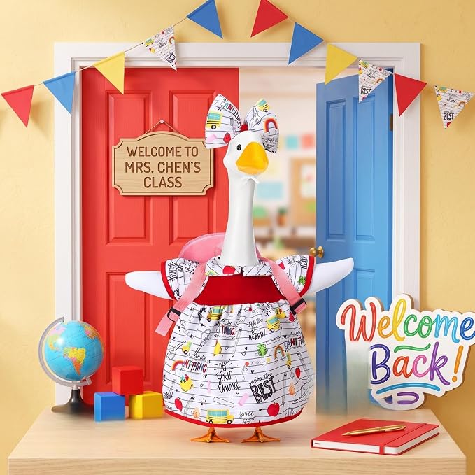 Abbylike Back to School Porch Goose Outfit Fit 23 Inch Lawn Statue Student Goose Skirt with Pink School Bag and Bow Headband for Garden Classroom Patio Lawn Yard Outdoor Garden Decoration