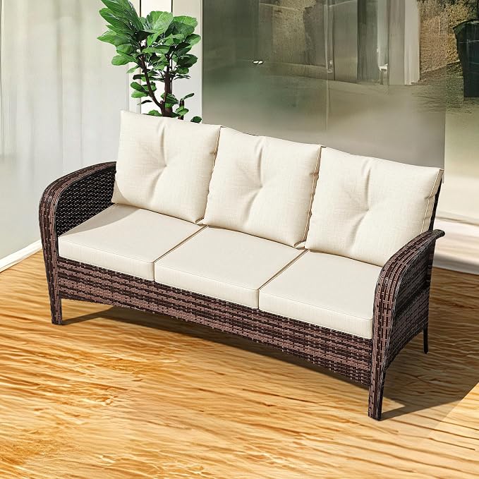 73" Patio 3-seat Sofa, Wicker Rattan Couch, Steel Frame Deep Seat Loveseat, Outdoor Conversation Furniture with Removable Cushions for Garden, Poolside, Porch(Beige)