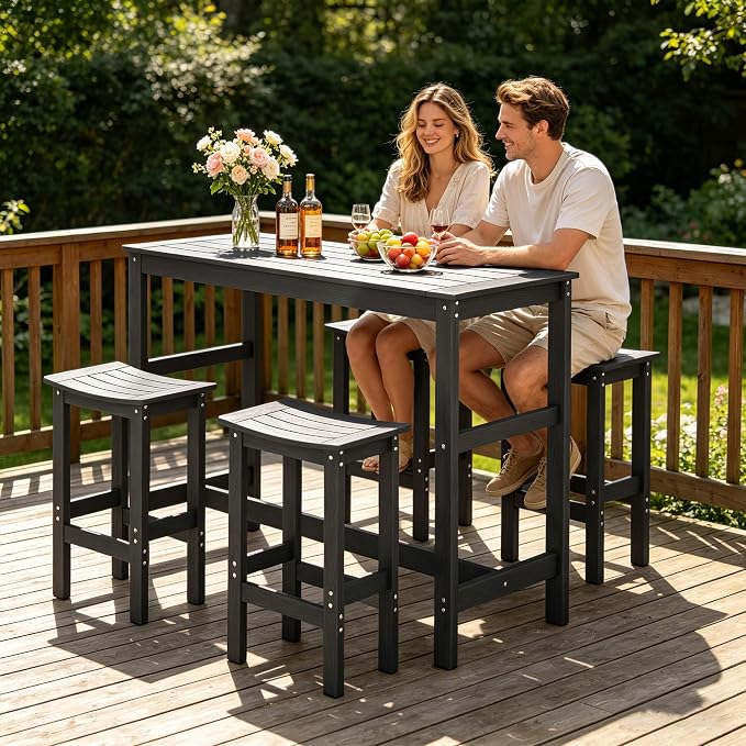 5Pcs HIPS Outdoor Bar Set, Weatherproof Patio Bar Table and Chairs Set for Outside, 55" Rectangular High Top Bar Table with 4 Bar Stools for Patio, Poolside, Balcony, Hot Tub, Black