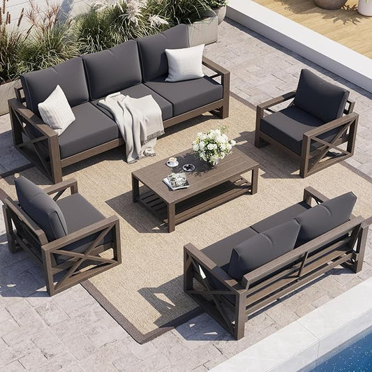 UDPATIO Aluminum Patio Furniture Set, Faux Wood Grain Modern Outdoor Furniture, 6" Cushions Metal Patio Conversation Sofa with Coffee Table for Poolside Deck, 8 PCS, Dark Grey(Include 600D Covers)