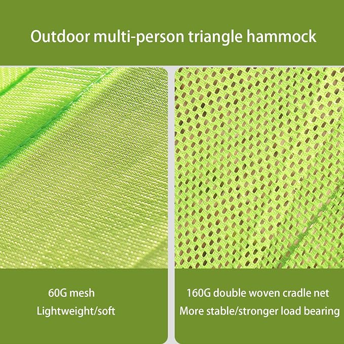 Multi-person triangular hammock, aerial camping hammock, suspended type, suitable for outdoor adventures, hiking, backyards, and gardens, includes straps, buckles, and storage bag (Green, 110in*110in)