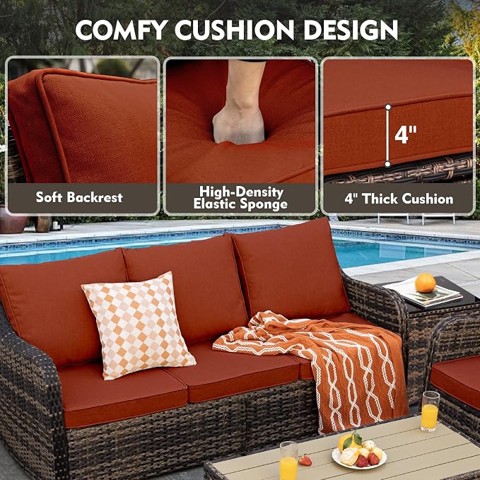 MEISSALIVVE 8 Pieces Patio Furniture Set with Swivel Chair, Wicker Patio Sofa, Rattan Conversation Set with Three-seat Sofa, 2 Fixed Single Chairt for Lawn Backyard (Red)