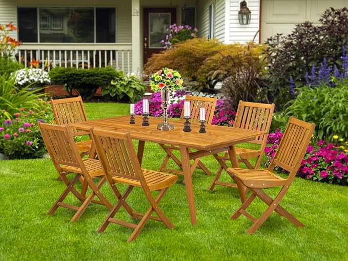 East West Furniture DEDK7CWNA 7 Piece Outdoor Patio Dining Sets Consist of a Rectangle Acacia Wood Table and 6 Folding Side Chairs, 40x72 Inch, Natural Oil