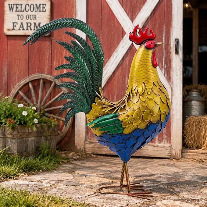 32 in Metal Rooster Statue, Farmhouse Yard & Garden Decor | Hand-painted Metal Finish, Oversized, Chicken Decor for Patio, Kitchen, Garden