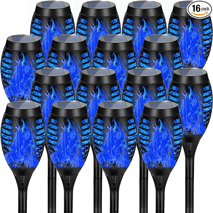 Solar Lights Outdoor, Upgraded 16 Pack Blue Solar Torch Light with Flickering Flame for Garden Decor, Waterproof Outdoor Lights Solar Powered, Tiki Torches for Outside Yard Patio Pathway Decor