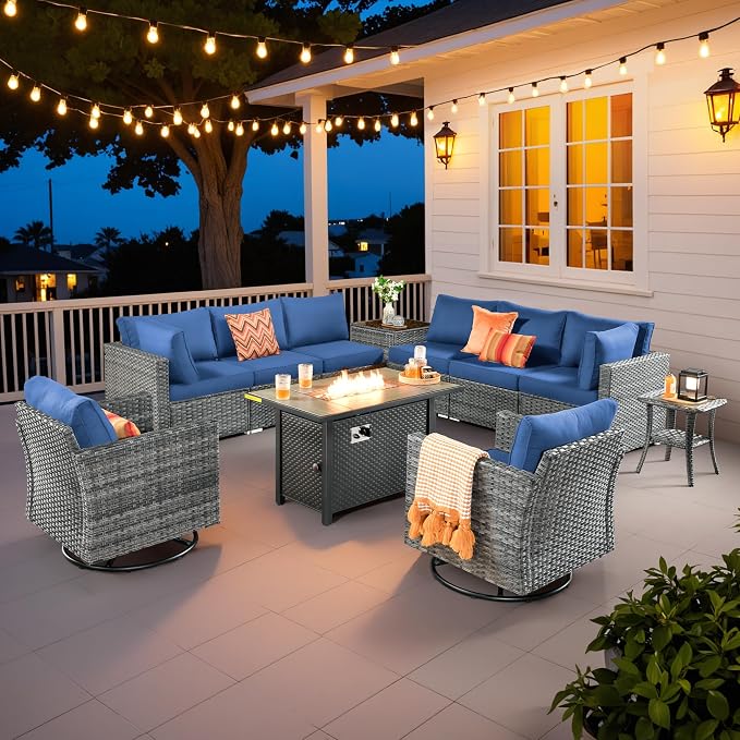 Weaxty 11 Piece Patio Furniture Set with Fire Pit Table, Outdoor Sectional Couch Swivel Rocker Patio Chairs with Coffee Table Wicker Conversation Sets for Balcony Backyard, Navy Blue