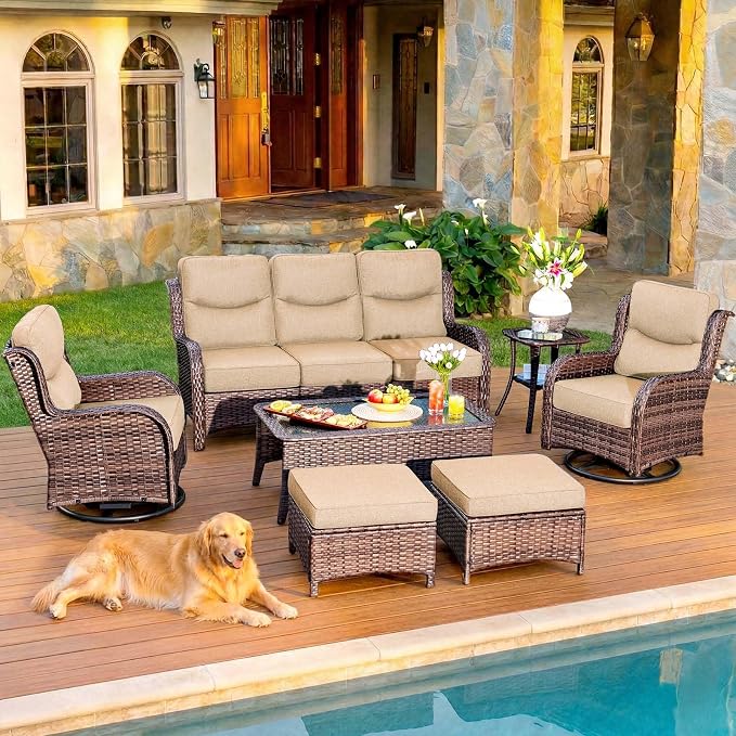 HILLGA 7-Piece Luxury Patio Furniture Set with 6" Thick Cushions, Weather-Resistant Wicker High Back Swivel Rocker Chairs, Senior-Friendly Outdoor Sofa Set for Large Deck, Yard and Poolside, Beige(V2)