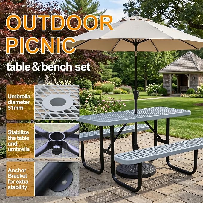 4ft Rectangular Picnic Table – Heavy-Duty Metal Mesh Outdoor Dining Table, Thermoplastic Coated Steel, Outdoor Living, Parks & Schools (Gray)