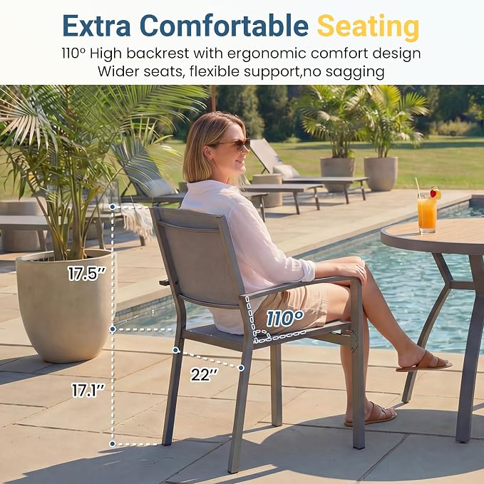 Patio Table and Chairs for 6, Outdoor Patio Dining Furniture Set with Aluminum Table and Metal Textilene Chairs, All-Weather Patio Table Set with HDPS Rectangular Tabletop for Garden Porch