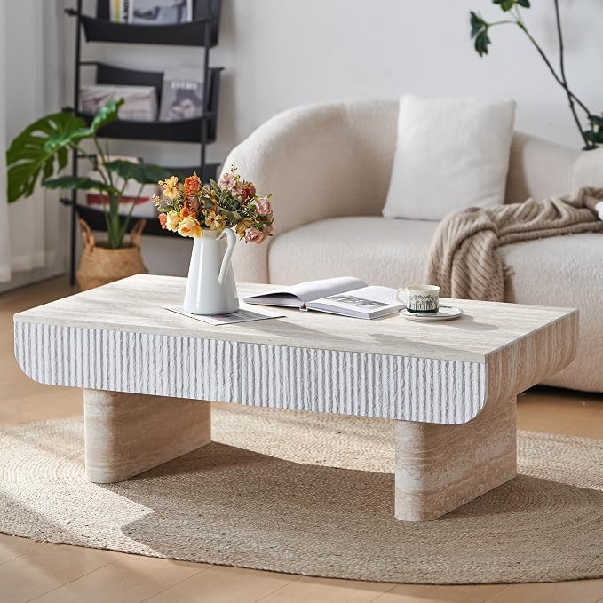 46.85" Faux Marble Coffee Table with Drawer Faux Travertine Pattern Rectangular Coffee Table for Living Room Wood Center Table Accent Tea Table for Apartment Office, Mars Pattern