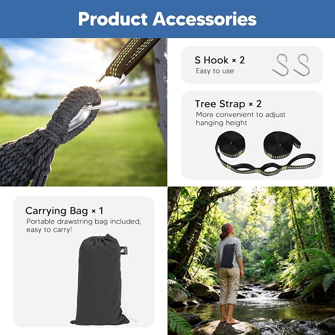 SUNCREAT Hammocks Portable Tree Hammock Swing with Spreader Bar, Tassel, 2 Person Hammock Without Stand, Dark Gray