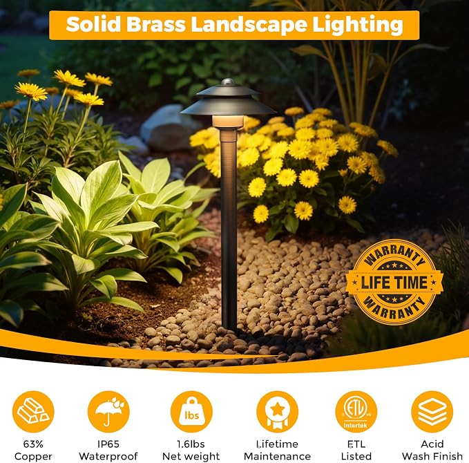 Solid Brass Low Voltage Landscape Pathway Lights (6'' Shade, 19'' Tall), 12V LED Heavy Duty Path Lighting Outdoor Wired, Waterproof Antique Bronze Walkway Light Without G4 Bulb,12 Pack