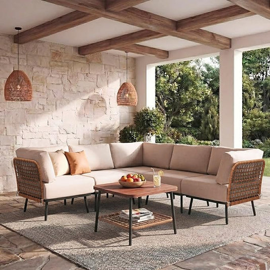 6-Piece Patio Conversation Set, Outdoor Sectional Sofa Modular Wicker Furniture with Thick Cushions & Wood Grain Coffee Table, Patio Furniture for Backyard Porch