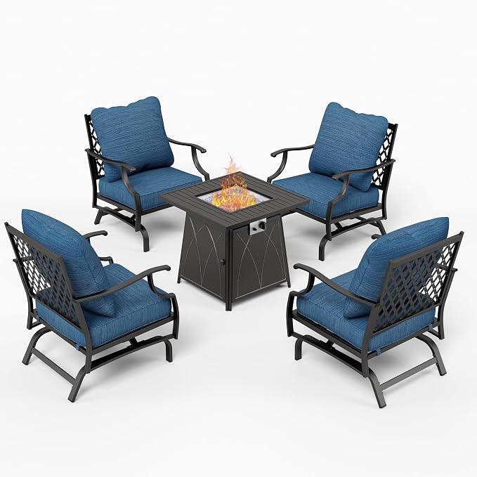 MIXPATIO Patio Furniture Set with Fire Pit Table, 5 Pcs Metal Outdoor Conversation Set, 4 Rocking Chairs with 5.75" Extra Thick Cushion and 28" Fire Pit Table for Backyard Deck, Green Blue