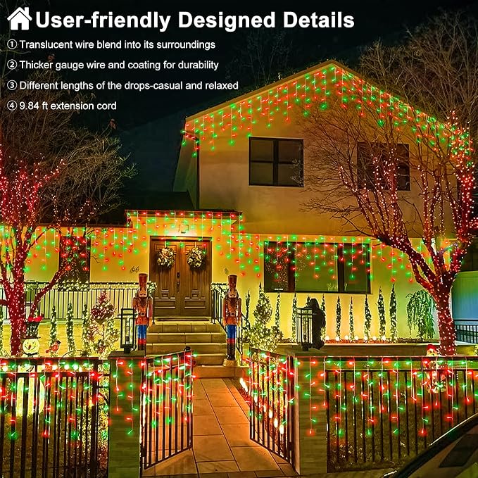 Red and Green Christmas Lights 33ft 400 LED Icicle Lights for Outside House | Connectable Twinkle String Lights with 8 Modes Timer Waterproof for Eaves Window Party Holiday Patio Yard Home Decorations