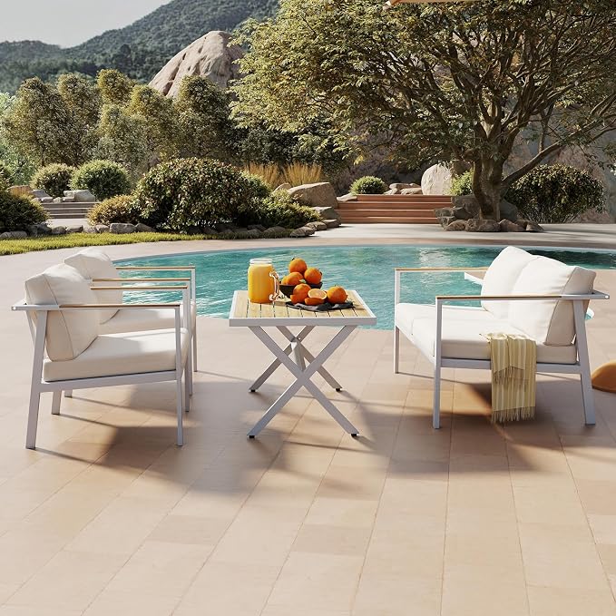 Aluminum Patio Sectional Furniture Set,5 piece Patio Conversation Sets Outdoor Patio Furniture Set Sofa with Coffee Table & Washable Cushions White
