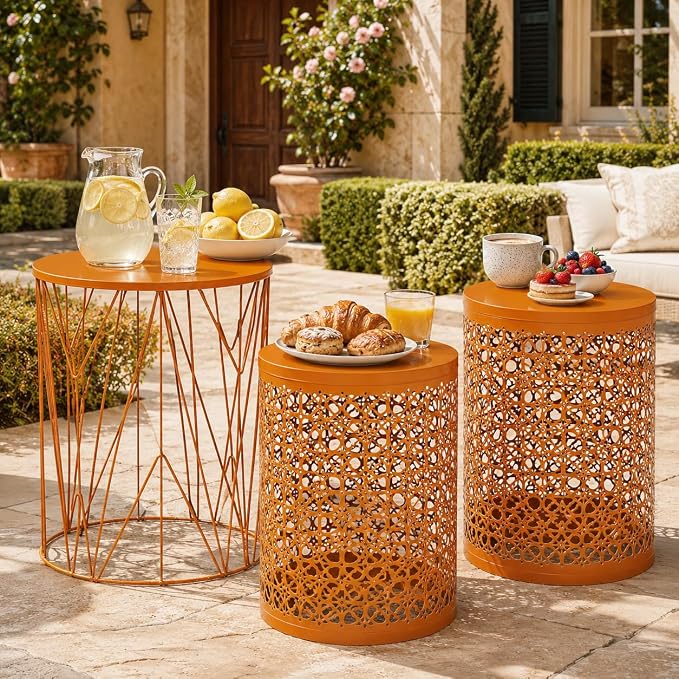 Y&M Set of 3 Stacking Coffee Table for Living Room, Patio Side Table, Indoor End Tables for Bedroom, Outdoor Decorative Garden Stool with Heavy Duty Metal Frame Modern Industrial Decor - Orange