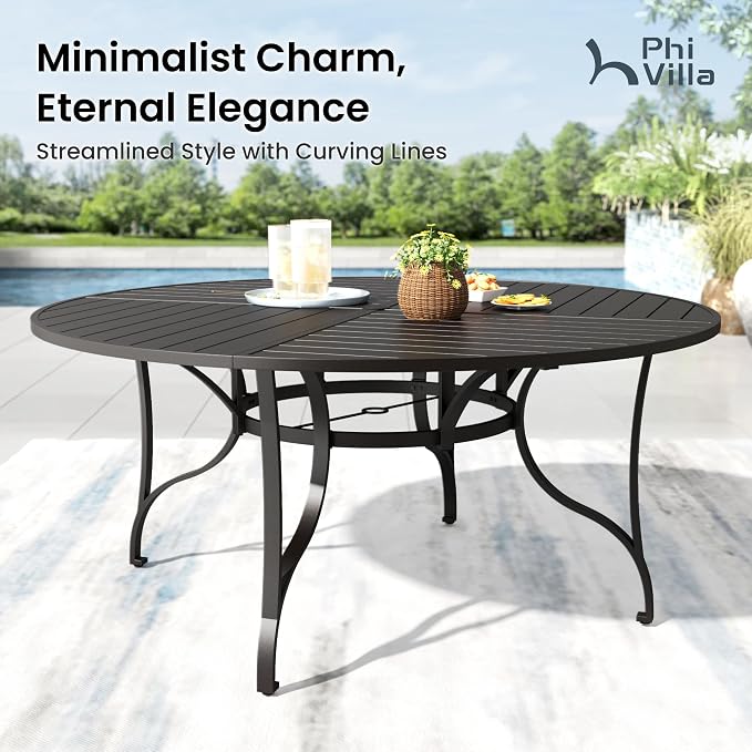 PHI VILLA Round Patio Table for 8, Black Metal Table w/Umbrella Hole | 67" large wrought iron dining table. Slatted top design, weather resistant. Perfect for outdoor deck, porch, backyard.