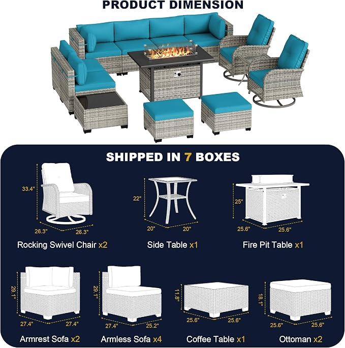 13-Piece Outdoor Patio Furniture Set with Rocking Swivel Chair, Wicker Rattan Sectional Sofa Conversation Set with 55,000 BTU Fire Pit Table with Ottomans, Backyard Furniture, Turquoise