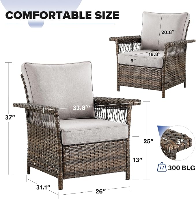 Rilyson Luxury Outdoor Patio Wicker Chairs Set of 2, Rattan 2 Piece Patio Chair Set with High Back, Comfy Cushions and Deep Seating for Porch Deck Backyard Garden(Brown/Beige)