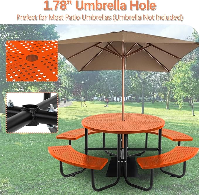 46" Round Metal Picnic Table with Umbrella Hole, Heavy Duty Outdoor Dining Set with Open Air Mesh Top, Stainless Steel Portable Table for Backyard, Patio, Garden - Orange (Orange-Round)