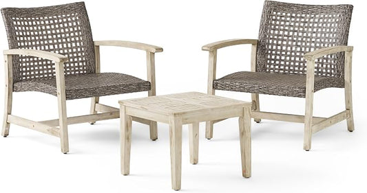 Christopher Knight Home Hampton Outdoor 3 Piece Acacia Wood and Wicker Conversation Set with Club Chairs and Side Table, 28.25 "W x 31 "D x 31.5 "H, Mixed Black + Weathered Gray