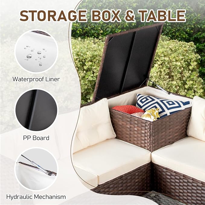 VINGLI 4 Pieces Outdoor Sectional Wicker Patio Furniture with Storage, Patio Sectional Sofa Outdoor Couch Conversation Set, Glass Top Coffee Table for Backyard, Pool, Garden(Brown)