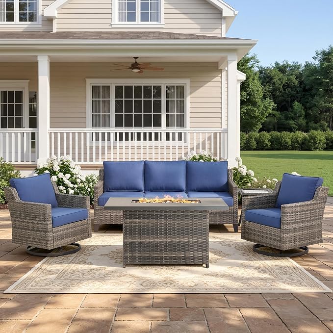 Belord Patio Wicker Swivel Rocker Patio Chairs with 3-Seater Sofa,Outdoor Furniture Set for Deck Porch Garden, 5 Piece Patio Conversation Furniture Set,Blue