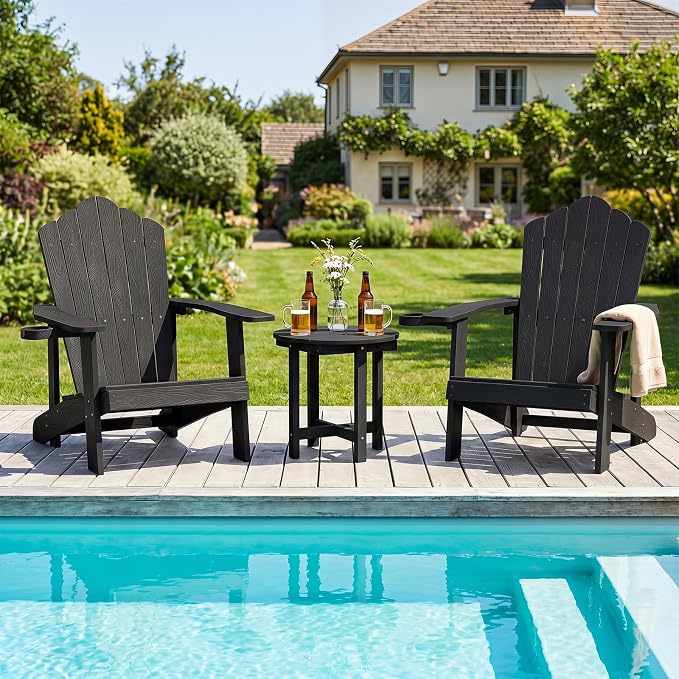 Tangkula Round Outdoor Side Table, Adirondack Side Table with Weather-Resistant, Waterproof Top, Small Outside End Table for Patio Deck Pool Porch, Easy Maintenance (Black,1)