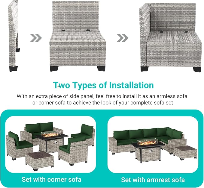 7-Piece Outdoor Patio Furniture Set with 55,000 BTU Fire Pit Table, PE Wicker Rattan Sectional Sofa Patio Conversation Set with Thickened Cushions & Coffee Table, Dark Green