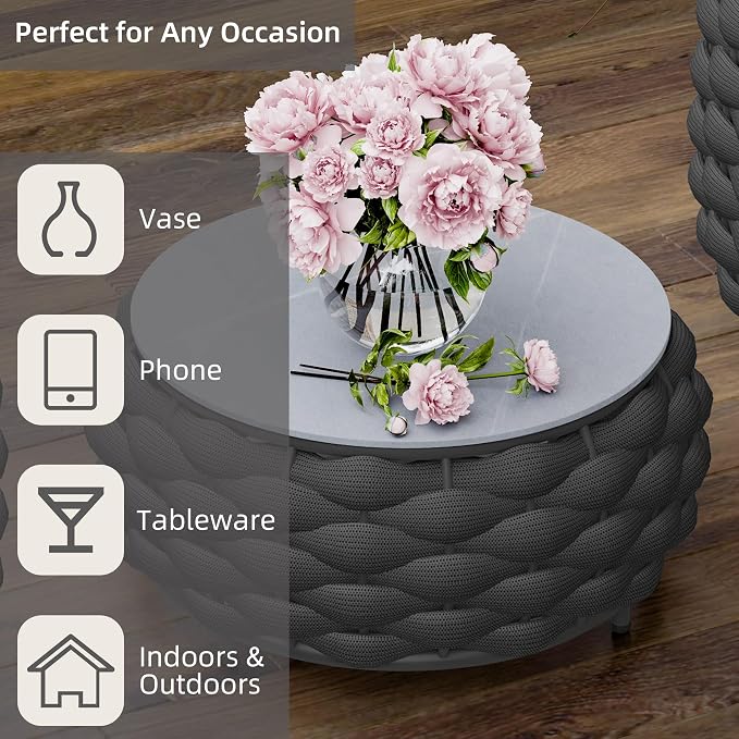 Round Coffee Table for Indoor & Outdoor Use, Aluminum Patio Furniture with Handwoven Ropes, Weather-Resistant for Garden, Terrace & Poolside (Black)