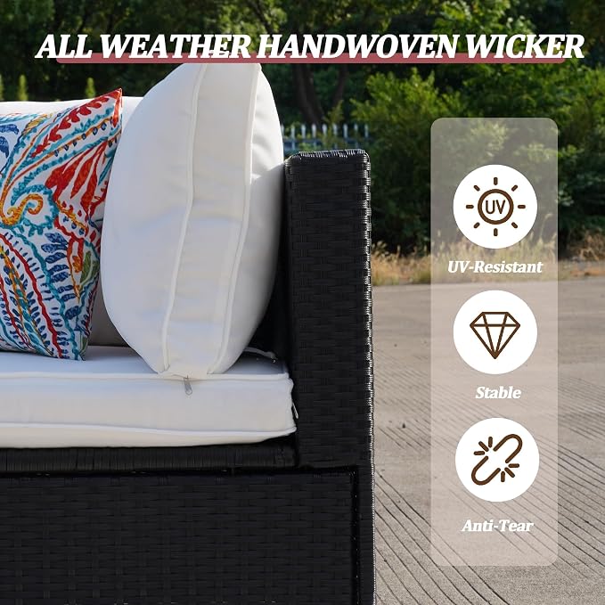 7 Pieces Outdoor Patio Furniture Sets, Patio Sectional Sofa Couch, PE Rattan Outdoor Wicker Sectional Furniture Sofa Set, Glass Coffee Table, for Balcony, Porch, Garden, Beige
