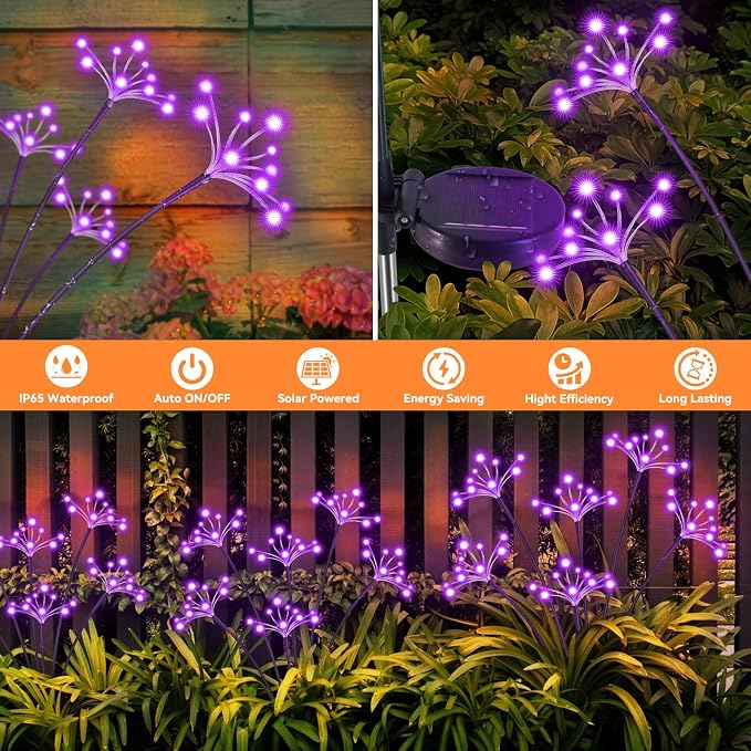 Solar Garden Lights 2 Pack Waterproof Solar Swaying Starburst Light Outdoor Lights for Yard Patio Walkway Pathway Party Wedding Christmas Decoration, Purple