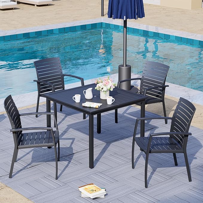 Anmutig Patio Table for 4, Metal Outdoor Dining Table with E-Coating, Square Steel Slated Outdoor Table with 1.57" Umbrella Hole for Garden Backyard, Black