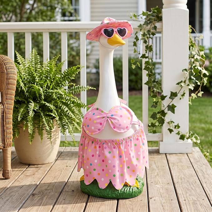 Porch Goose Statue with Outfits - 20" Large Porch Goose Statues Wear Pink Summer Bikini, Resin Animal Sculpture, Indoor or Outdoor Decor Figurine for Garden,Lawn,Pool,Entryway Accent,Housewarming Gift