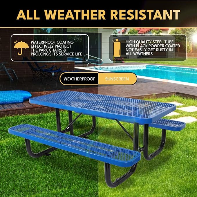 6 ft Outdoor Picnic Table with Umbrella Hole, Heavy-Duty Steel Frame, Rectangular Weather-Resistant Dining Table for Backyard, Patio & Garden, Blue