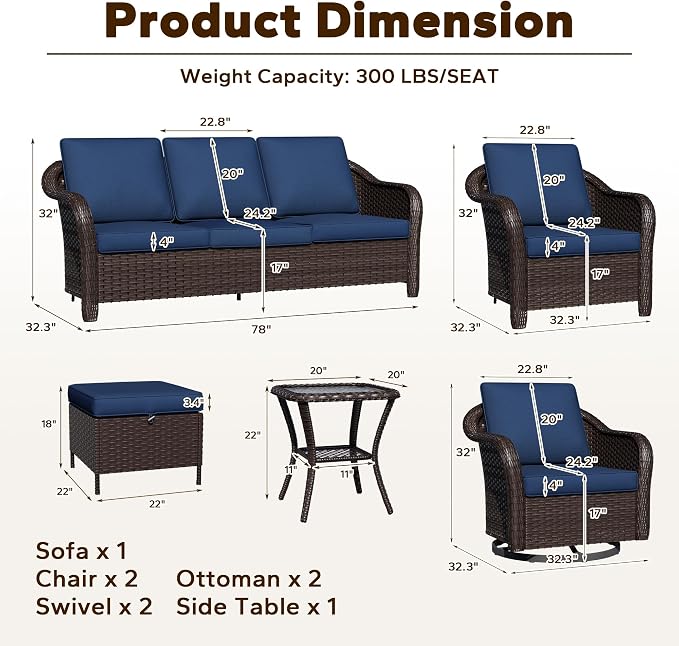 8 Piece Patio Wicker Conversation Set, All-Weather Use Outdoor Wicker Sofa with 2 PE Rattan Ottomans,2 Chair, 2 Swivel Chair, 1 Side Table, Ideal for Porch, Backyard, Balcony, Poolside, Blue
