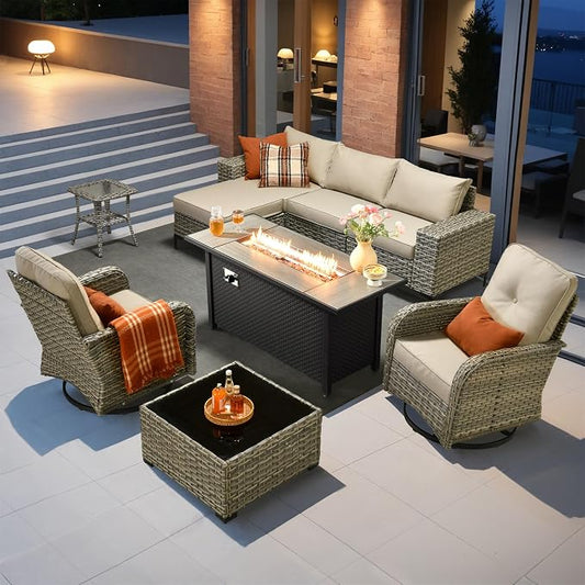 Outdoor Sectional Patio Furniture Set with Fire Pit Table,8 Pieces Wicker Conversation Sets L Shaped Couch,Extra Deep Out Door Sofa Outside Furniture with Swivel Chairs,Beige