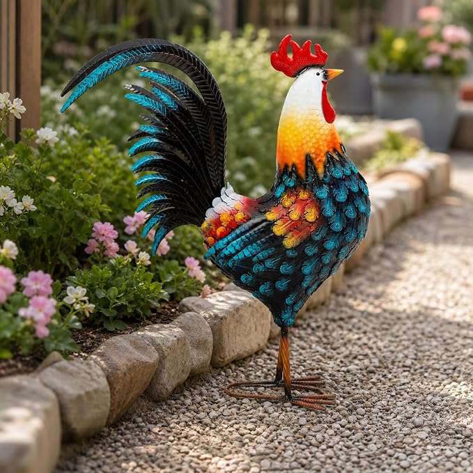 32" Majestic Metal Rooster Yard Decor, Large Outdoor Garden Statue | Outdoor Chicken Sculpture, 3D Hand-Painted, Rustic Farmhouse Style, Weather-Resistant Iron, Backyard Patio Lawn Garden