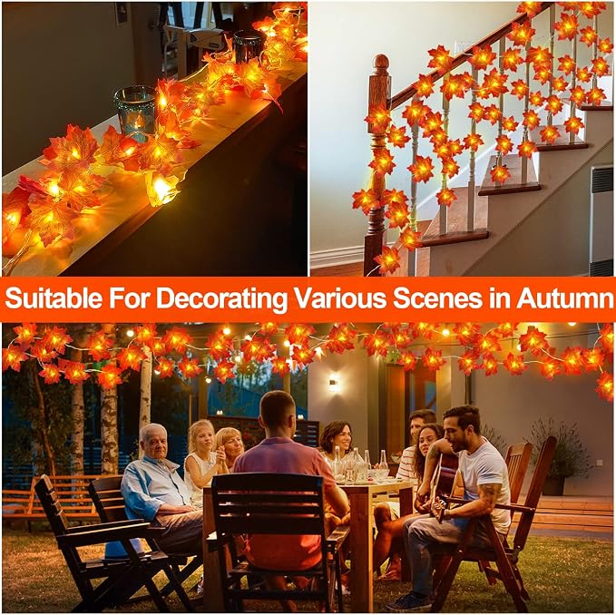 Timer&3 Pack Fall Decor 30Ft Fall Garland with Lights 60LED Autumn Garland | Patented Realistic Maple Leaves Garland Fall Decorations for Home, Battery Operated Waterproof Thanksgiving Halloween Decor