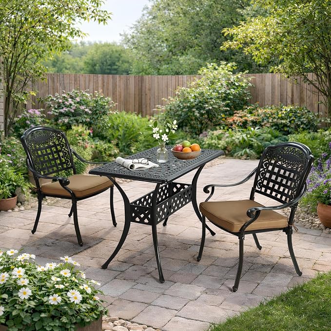 VIVIJASON 3 Piece Outdoor Dining Set, Cast Aluminum Patio Bistro Set with 42" x 24" Rectangular Table & 2 Cushioned Chairs, Rust Proof & Weather Resistant for Small Balcony, Porch, Garden, Deck